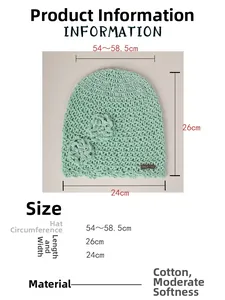 Detailed size guide for handmade crochet beanie showing 54-58.5cm circumference and length