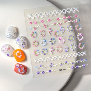 5D embossed floral nail art stickers with colorful flower wreaths and grid patterns