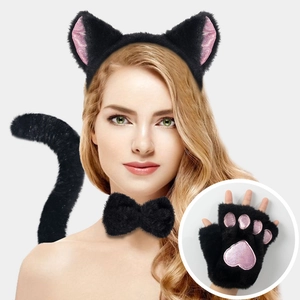 Cosplay cat costume set featuring black ears headband, tail, bowtie and pink paw gloves
