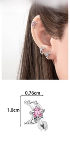 Detail view of star and moon cartilage stud with pink zircon and 1.0cm dimensions