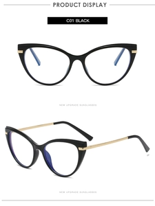 Detailed front and side view of cat eye black frames with golden metal temples