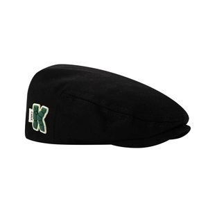 Classic black kids beret hat with green letter K embroidery and woven label detail