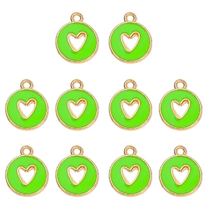 Detail of 10 bright green enamel heart charms with gold finish for DIY jewelry