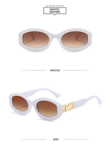 Détail de lunettes de soleil ovales blanches avec branches chaîne dorée et verres dégradés
