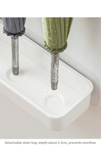 Detail of wall-mounted umbrella rack with 2.5cm deep removable drip tray to prevent spills