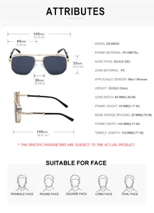 Detailed size chart for steampunk square sunglasses showing lens and frame dimensions