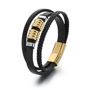 Men's multilayer braided leather bracelet with stainless steel magnetic clasp in gold and silver