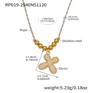 Detail view of colorful rope necklace with zircon cross pendant and size specifications
