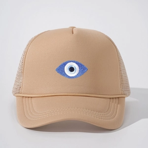 Khaki trucker hat with evil eye embroidery and breathable mesh back for sun protection