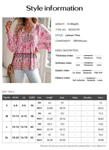 Size chart showing S to XL measurements in CM and INCH for bohemian printed blouse