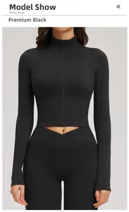 Close-up of premium black zip-up yoga jacket with high-waist v-cross leggings