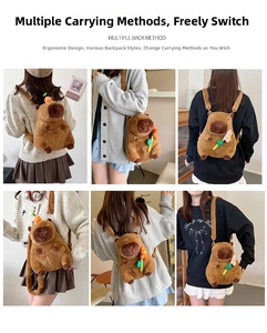 Detailed views of plush capybara backpack showing versatile shoulder and crossbody straps
