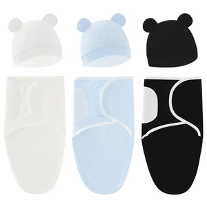 Detailed set of three soft newborn swaddle blankets and matching hats in blue, white, and black