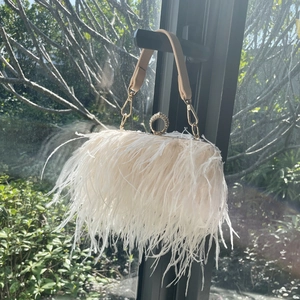 Detail of white ostrich feather evening bag with a crystal-encrusted metal ring handle