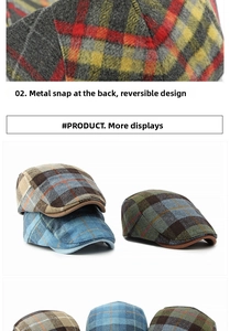 Detail of wool ivy cap featuring metal snap button, adjustable back, and plaid fabric texture