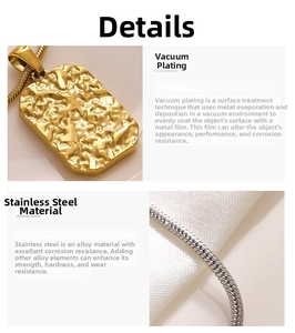 Detail of gold square pendant with textured finish and durable vacuum plated steel chain