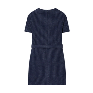 Robe en tweed bleu marine à manches courtes avec ceinture, vue de dos à plat