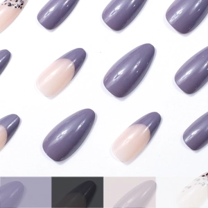 Chic almond press-on nails with leopard print, glitter, and purple french tip designs