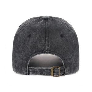Rear view of washed dark grey baseball cap with adjustable metal buckle and vintage texture