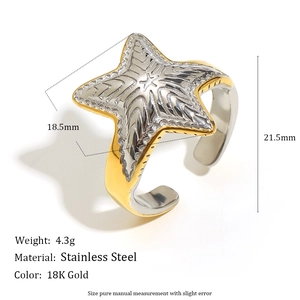 Starfish open ring in 18K gold plated stainless steel with detailed product dimensions