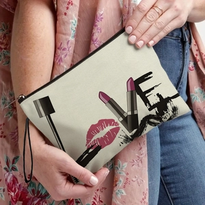 Makeup Bag Linen Polyester Blend Zipper Cosmetic Pouch Portable Wristlet Strap Creative Letter Print Travel Storage For Women