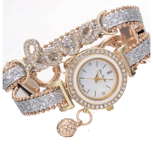 Orologio bracciale LOVE oro rosa scintillante con strass, quadrante diamante e ciondoli