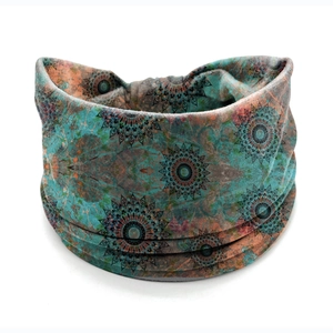 Bohemian mandala headband featuring turquoise and orange floral print for yoga and sports