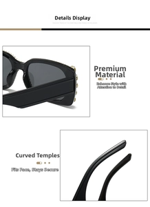 Close-up of black rectangular sunglasses with rhinestone details and ergonomic temples