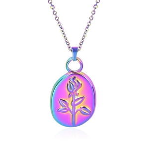 Macro detail of oval pendant with rose relief and iridescent rainbow metallic finish