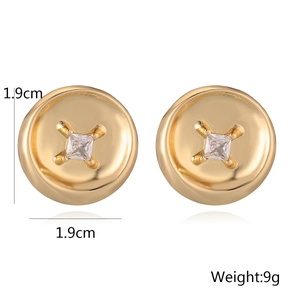 Minimalist gold plated button stud earrings with square zircon stone on white backdrop