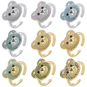 Adjustable colorful teddy bear rings set with 18K gold plating and shiny zircon stones