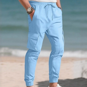 Pantalon de jogging cargo bleu clair pour homme avec cordon et poches utilitaires