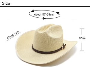 Detailed size guide for beige woven western cowboy hat with brim and height dimensions