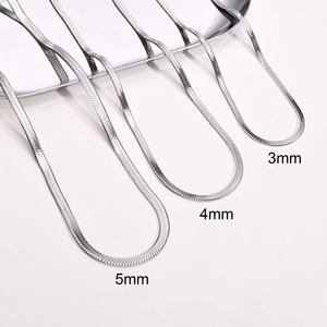 Detail showing 3mm 4mm and 5mm silver stainless steel flat snake bone chains