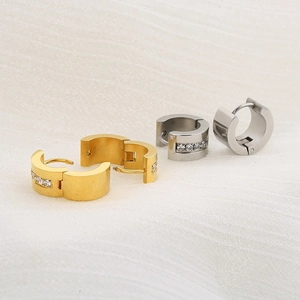 Polished stainless steel hoop earrings with tiny zircon stones in gold and silver finish