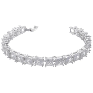 Detailed view of square-cut tennis bracelet with silver-tone four-prong setting stones