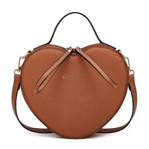Detailed view of heart-shaped handbag with Saffiano texture and gold brand logo