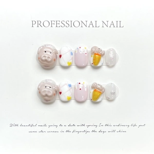 Handmade 3D cartoon pink pig and carrot press-on nails with glitter accents