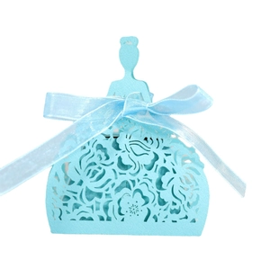 Elegant light blue laser-cut princess candy box with intricate rose patterns and ribbon