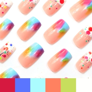 Set de 24 faux ongles macaron avec dégradé arc-en-ciel et pois colorés tendance