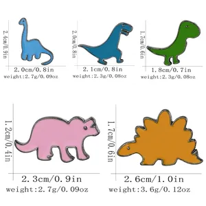 Cartoon dinosaur enamel pins set with dimensions and weights for each colorful dino brooch