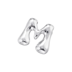 Polished silver liquid-style letter M charm with high-shine metallic finish and organic form
