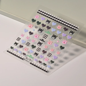 3D embossed nail stickers featuring pink leopard heads and checkered patterns for manicure