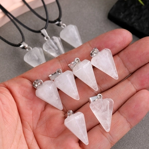 Natural white crystal hexagonal cone pendant necklace with silver clasp and black cord