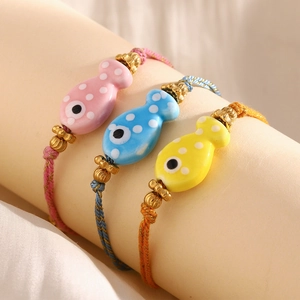 Braided Rope Bracelet Stainless Steel 18K Gold Plated Ceramic Fish Polka Dot Adjustable Handmade Boho Jewelry For Women