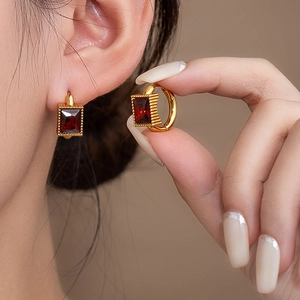 Vintage gold stainless steel hoop earrings with rectangle ruby zircon and milgrain detail
