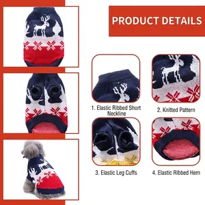 Christmas dog sweater with reindeer and snowflake patterns in navy and red knit