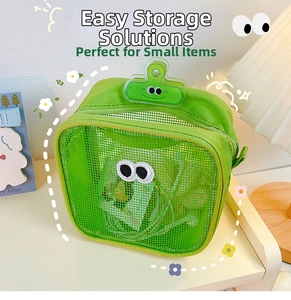 Close-up of green mesh travel bag with eye embroidery for digital cable storage