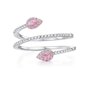 Luxury 925 Sterling Silver Pink Rhinestone Snake Wrap Open Ring Adjustable Spiral Pear Shaped Fashion Jewelry For Women Gift