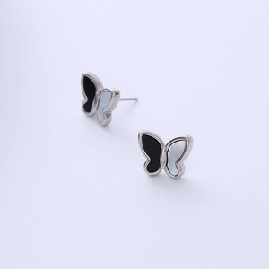 Elegant butterfly titanium steel earrings with black and white shell wings in silver frame